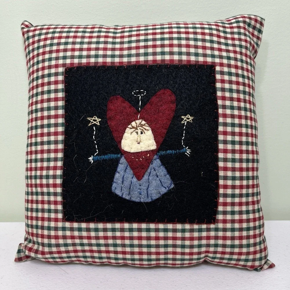 Vintage Handmade Christmas Holiday Pillow Felted Angel Fairy Godmother Plaid